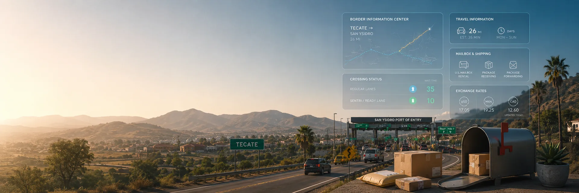 The inland mountain landscape near Tecate at sunset with the highway toward the San Ysidro port of entry, a U.S. mailbox and parcels in the foreground and a Border Information Center panel overlaid.