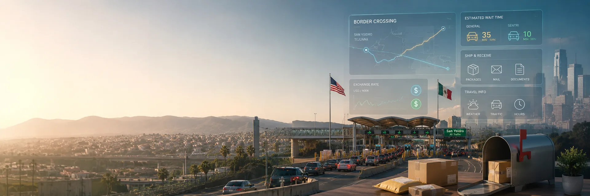 The San Ysidro port of entry seen from Tijuana at sunset, with vehicle lanes, the U.S. and Mexican flags, a U.S. mailbox and parcels in the foreground, and a Border Information Center panel overlaid.