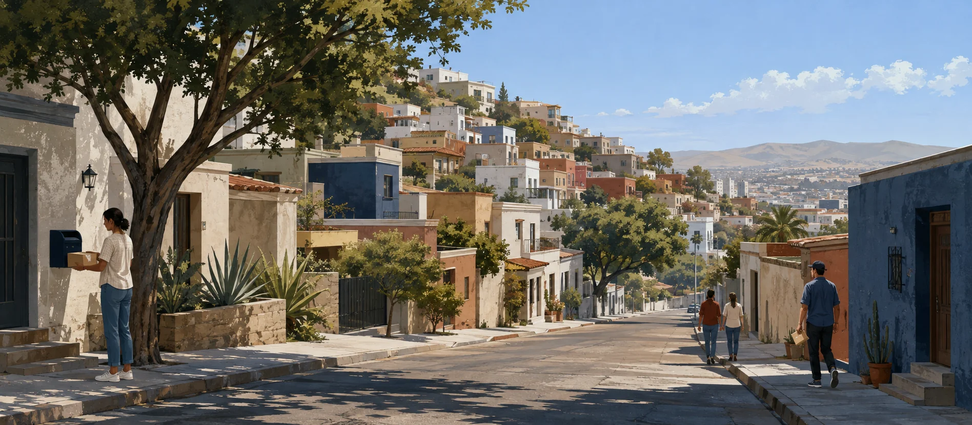 Original illustration representing neighborhood streets in the Centro area of Tijuana for Agua Caliente Sección Pinos
