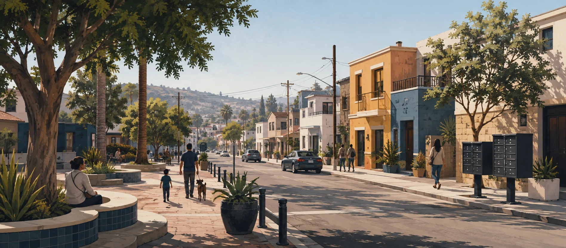 Original illustration representing neighborhood streets in the La Mesa area of Tijuana for Baja California
