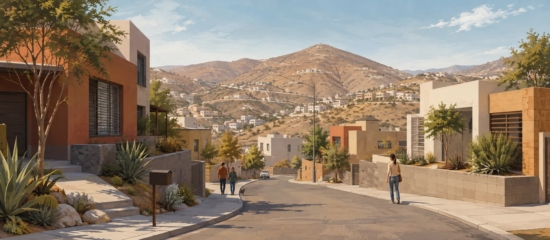 Original illustration representing neighborhood streets in the La Presa Este area of Tijuana for Hacienda los Venados