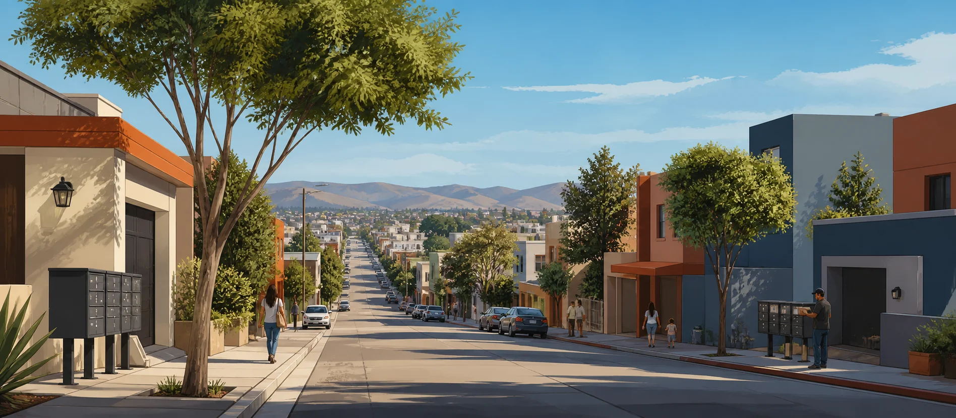 Original illustration representing neighborhood streets in the Mesa de Otay Centenario area of Tijuana for 10 de Mayo