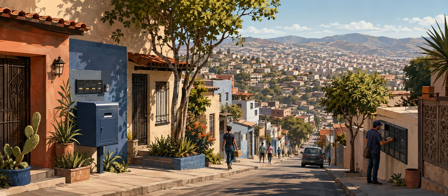 Original illustration representing neighborhood streets in the Sánchez Taboada area of Tijuana for Amparo Sánchez
